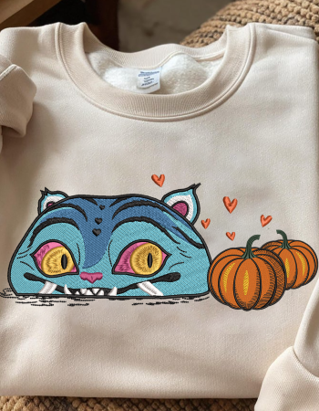 Blue Cat with Pumpkins Embroidered Sweatshirt – Cute Halloween Crewneck