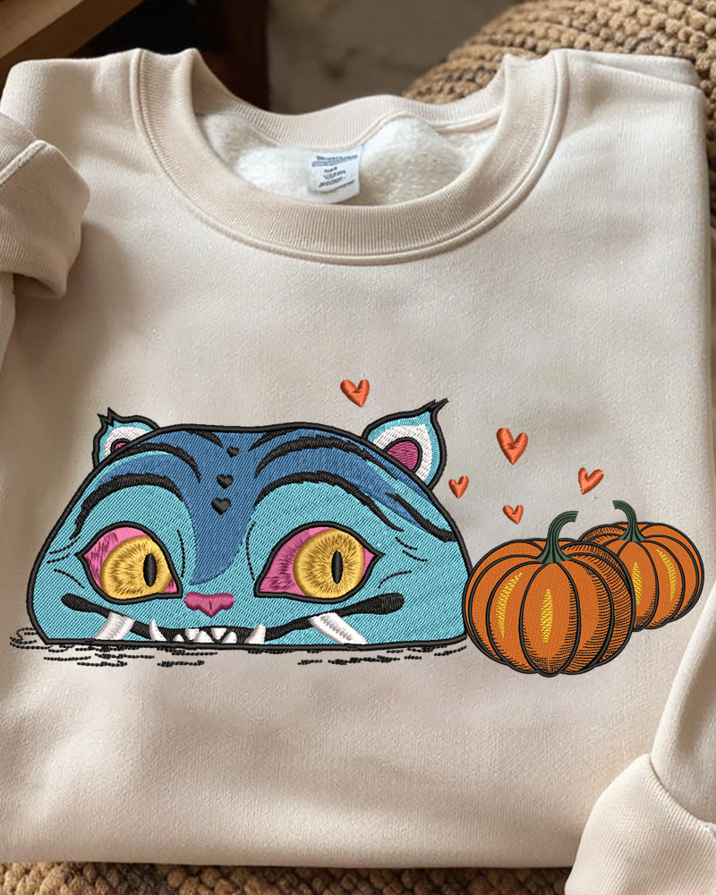 Blue Cat with Pumpkins Embroidered Sweatshirt – Cute Halloween Crewneck