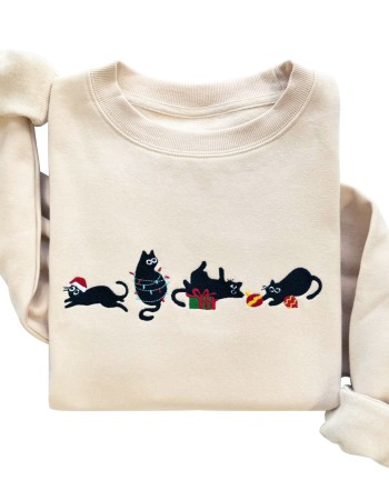 Christmas Cats Embroidered Sweatshirt – Sand Unisex Pullover