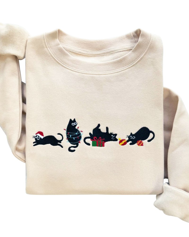 Christmas Cats Embroidered Sweatshirt – Sand Unisex Pullover