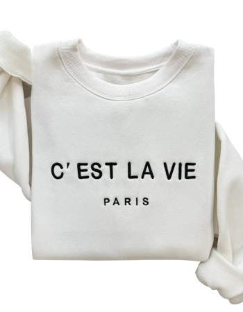 C’EST LA VIE Paris Embroidered Sweatshirt – White Unisex Pullover