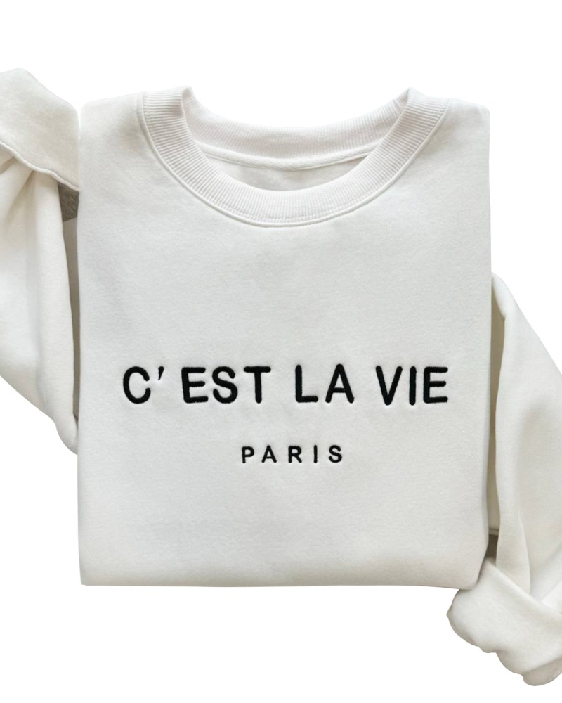 C’EST LA VIE Paris Embroidered Sweatshirt – White Unisex Pullover