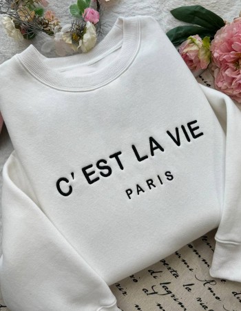 C’EST LA VIE Paris Embroidered Sweatshirt – White Unisex Pullover