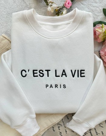 C’EST LA VIE Paris Embroidered Sweatshirt – White Unisex Pullover