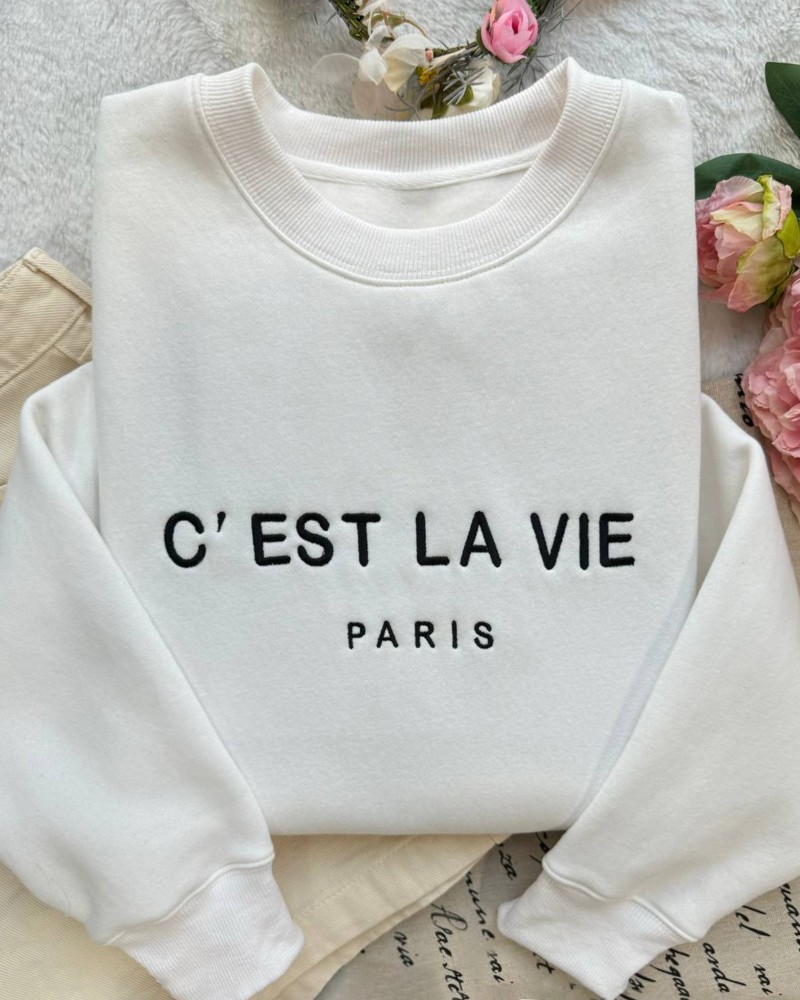 C’EST LA VIE Paris Embroidered Sweatshirt – White Unisex Pullover