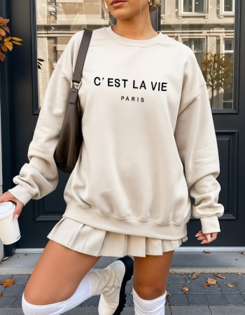 C’EST LA VIE Paris Embroidered Sweatshirt – White Unisex Pullover