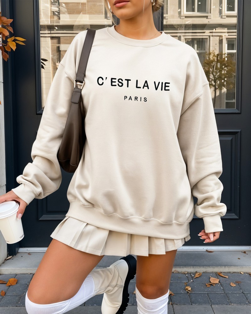 C’EST LA VIE Paris Embroidered Sweatshirt – White Unisex Pullover