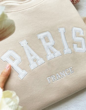 Paris France Embroidered Sweatshirt – Sand Unisex Pullover