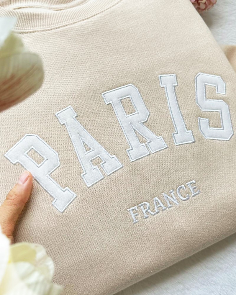 Paris France Embroidered Sweatshirt – Sand Unisex Pullover