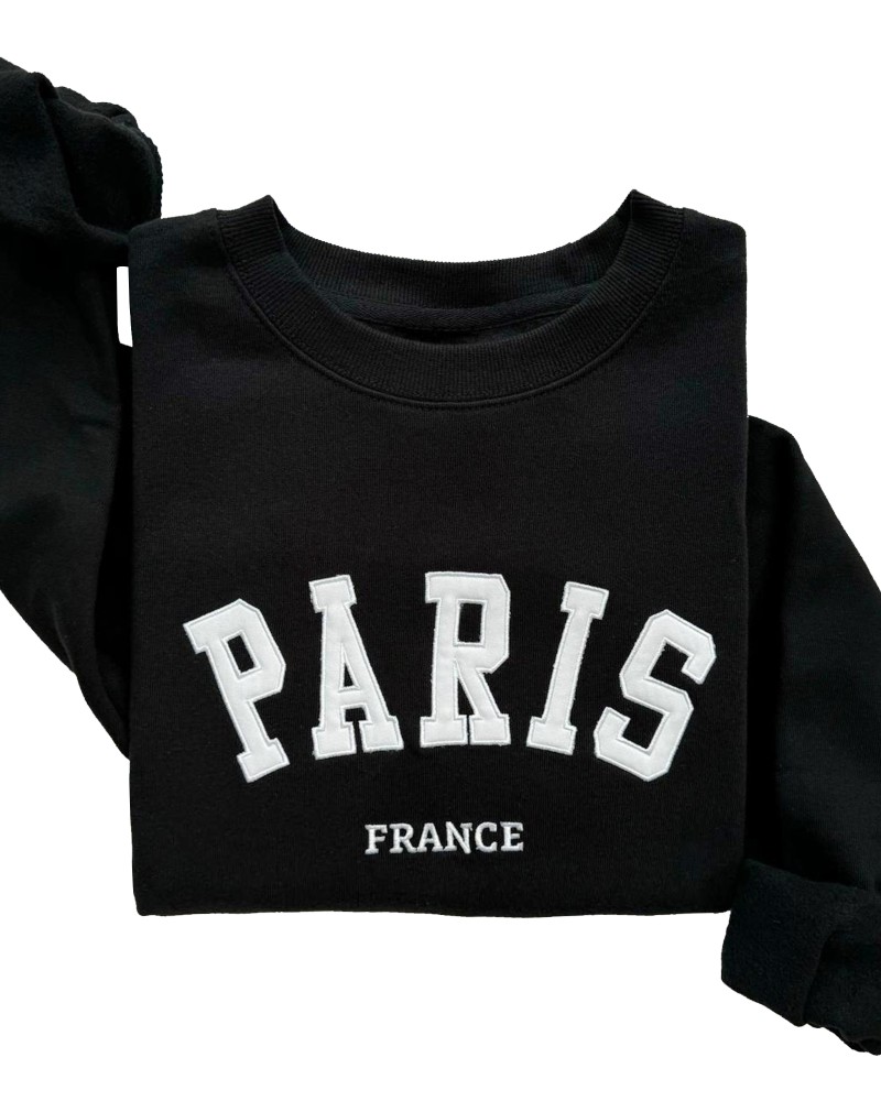 Paris France Embroidered Sweatshirt – Black Unisex Pullover
