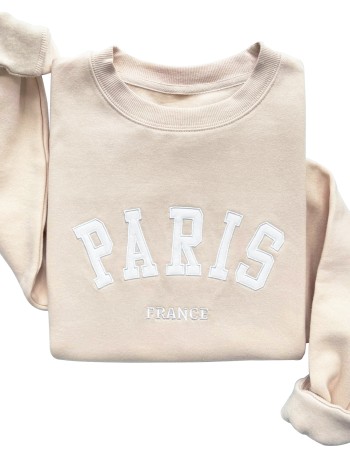 Paris France Embroidered Sweatshirt – Sand Unisex Pullover