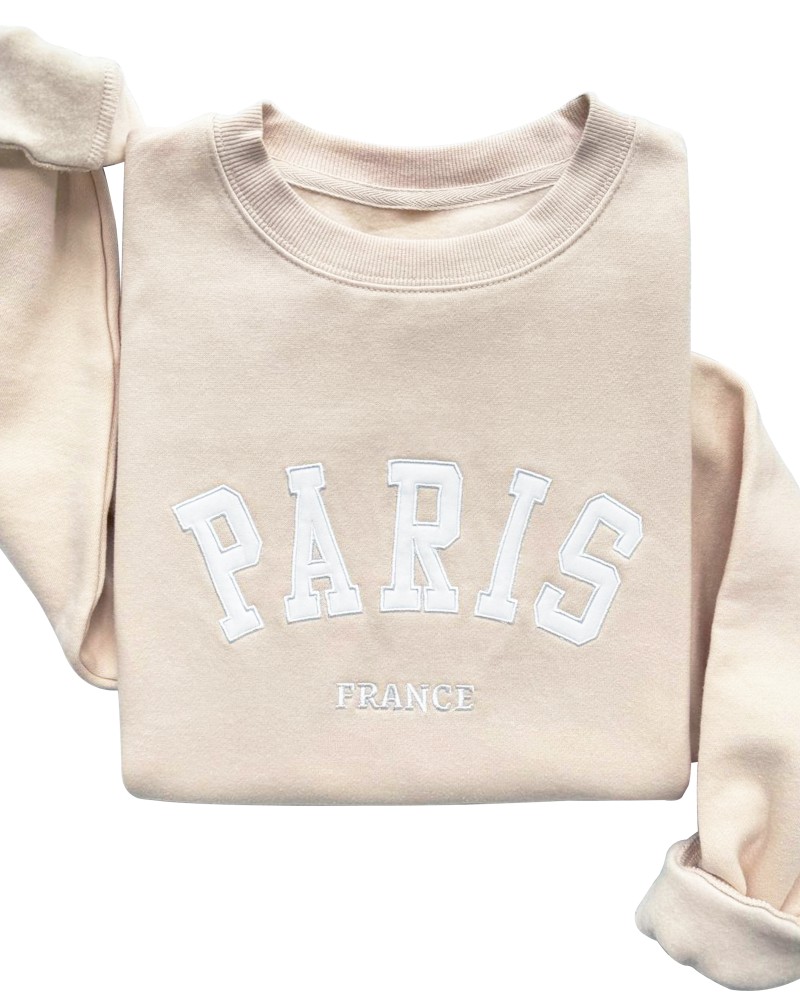 Paris France Embroidered Sweatshirt – Sand Unisex Pullover