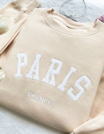Paris France Embroidered Sweatshirt – Sand Unisex Pullover