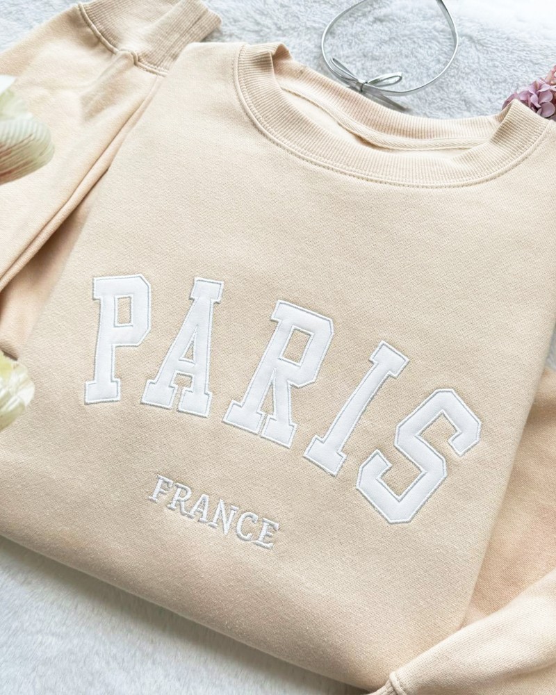 Paris France Embroidered Sweatshirt – Sand Unisex Pullover