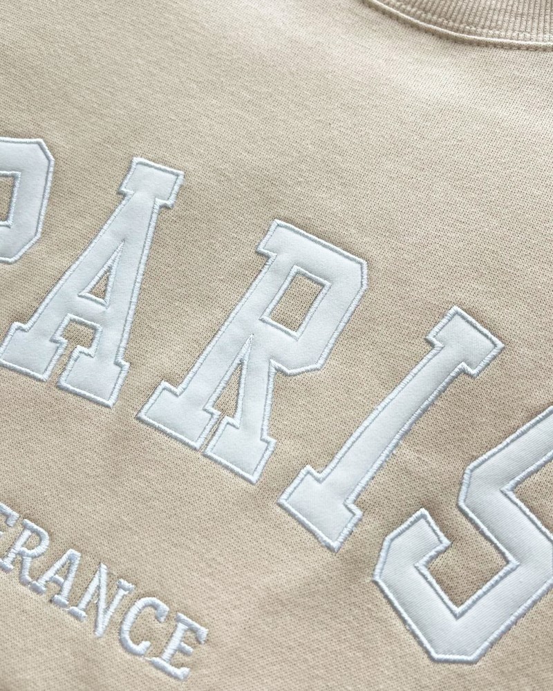 Paris France Embroidered Sweatshirt – Sand Unisex Pullover