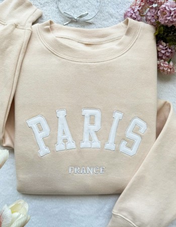 Paris France Embroidered Sweatshirt – Sand Unisex Pullover