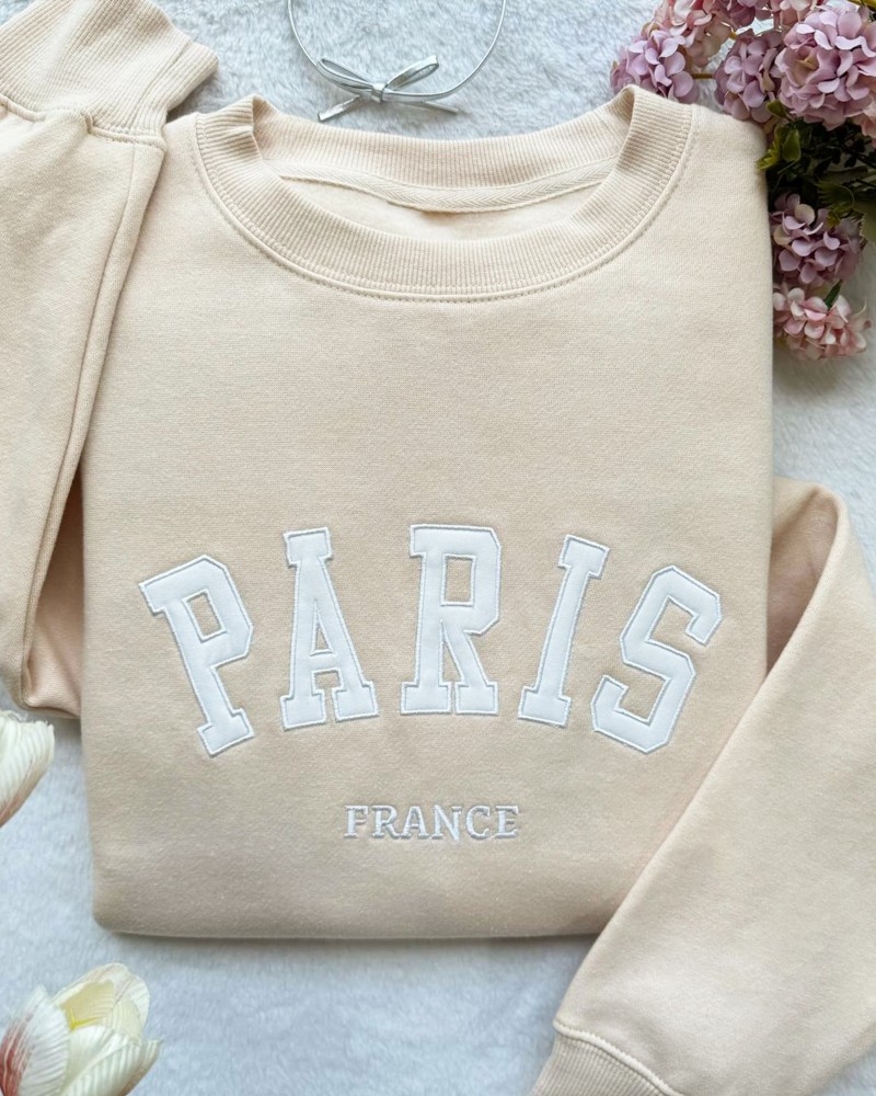 Paris France Embroidered Sweatshirt – Sand Unisex Pullover