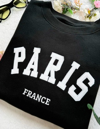 Paris France Embroidered Sweatshirt – Black Unisex Pullover
