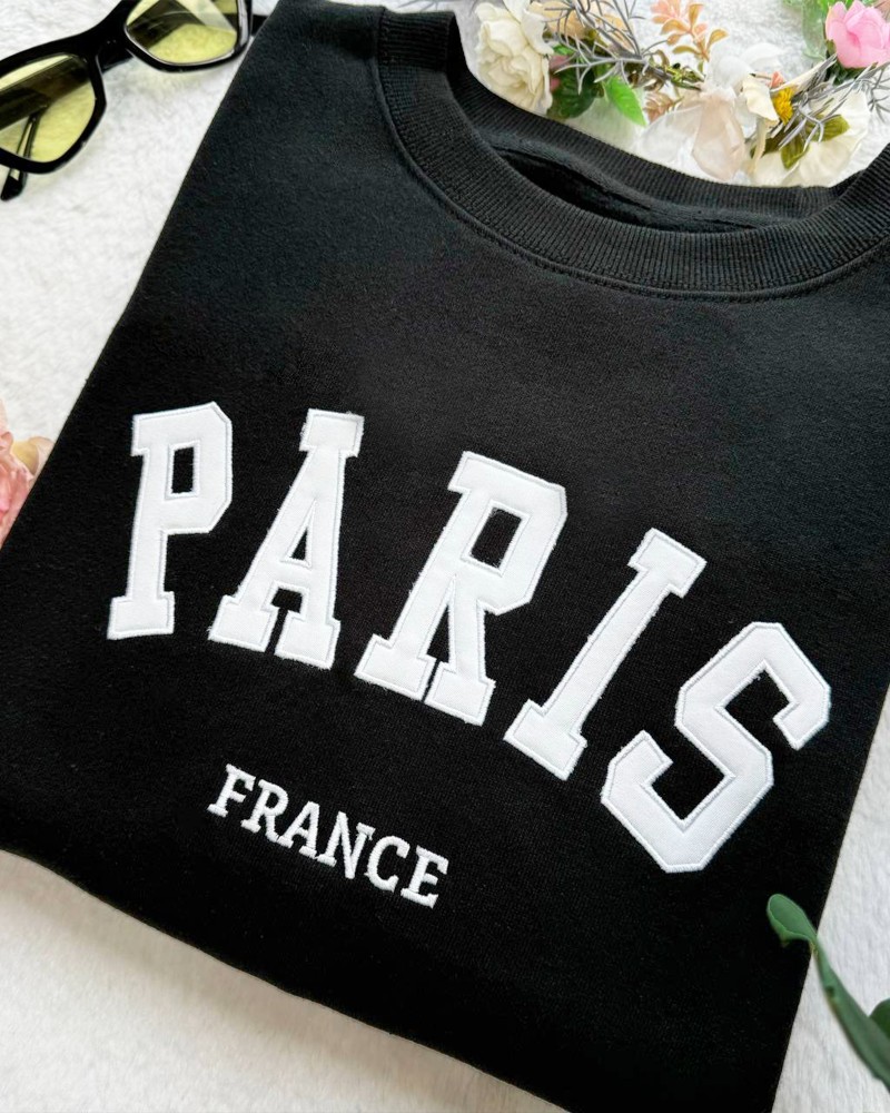 Paris France Embroidered Sweatshirt – Black Unisex Pullover