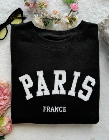 Paris France Embroidered Sweatshirt – Black Unisex Pullover