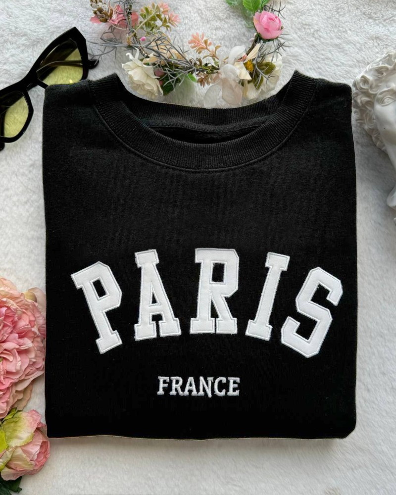 Paris France Embroidered Sweatshirt – Black Unisex Pullover