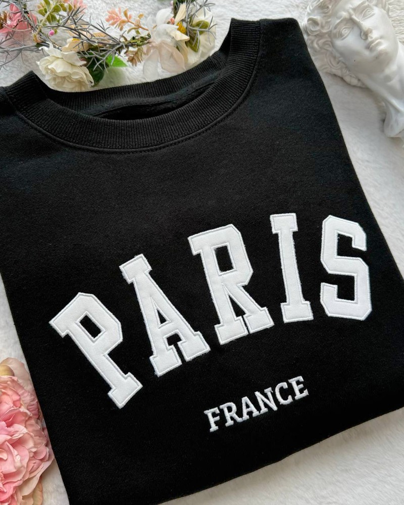Paris France Embroidered Sweatshirt – Black Unisex Pullover