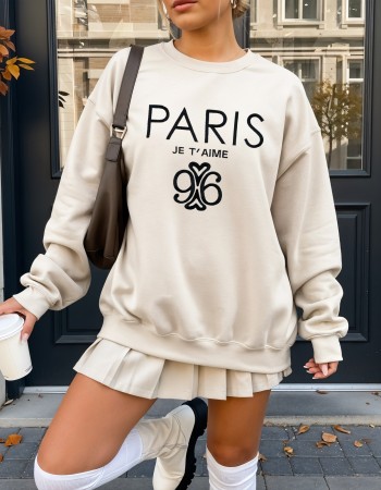 Paris Je T’aime 96 Embroidered Sweatshirt – Sand Unisex Pullover