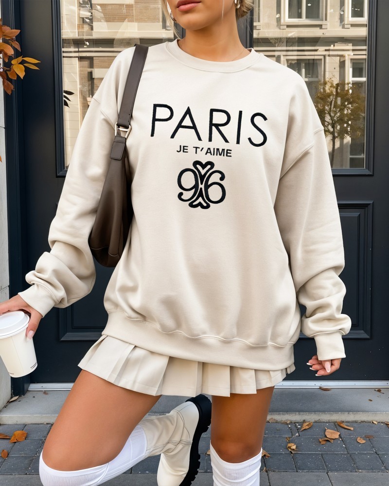 Paris Je T’aime 96 Embroidered Sweatshirt – Sand Unisex Pullover