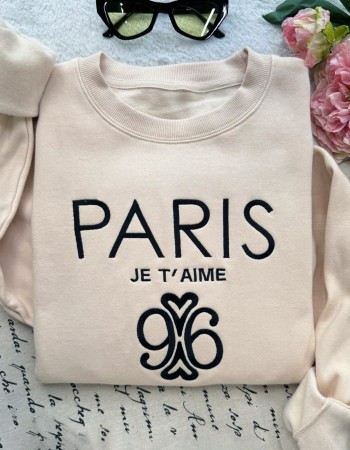 Paris Je T’aime 96 Embroidered Sweatshirt – Sand Unisex Pullover