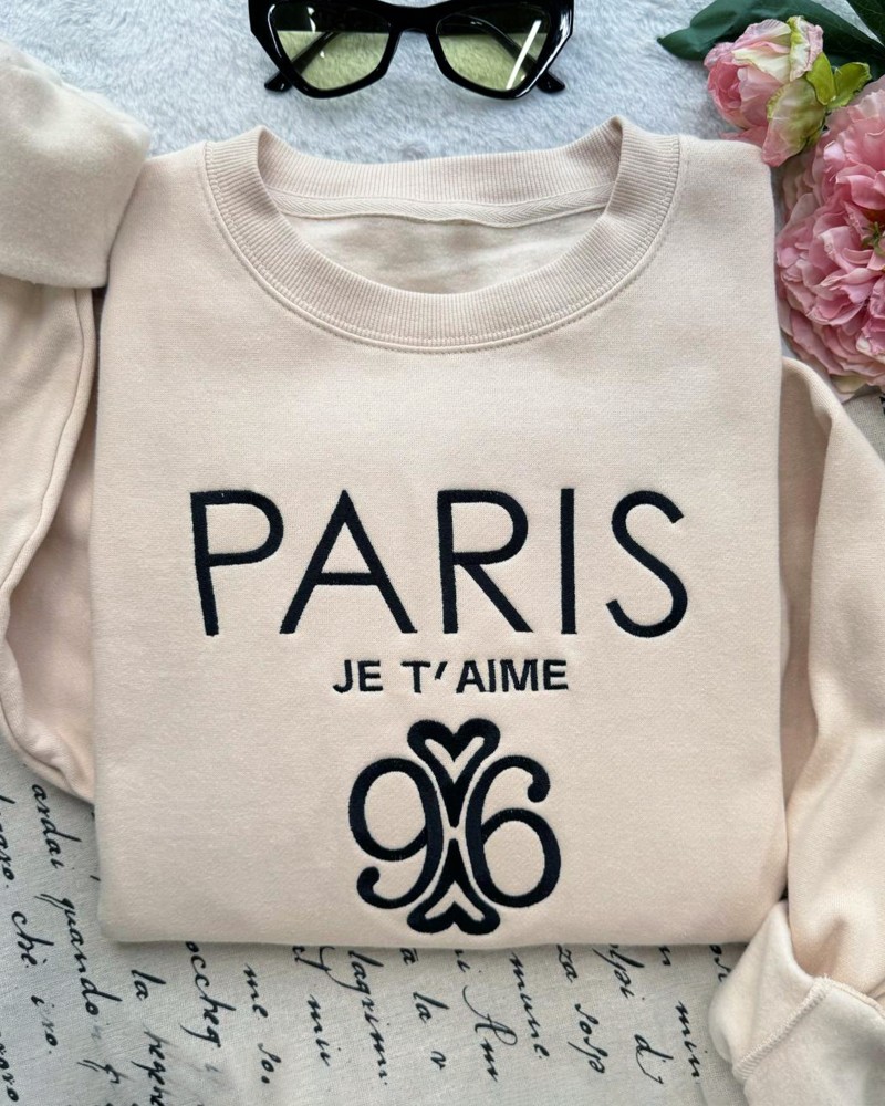 Paris Je T’aime 96 Embroidered Sweatshirt – Sand Unisex Pullover