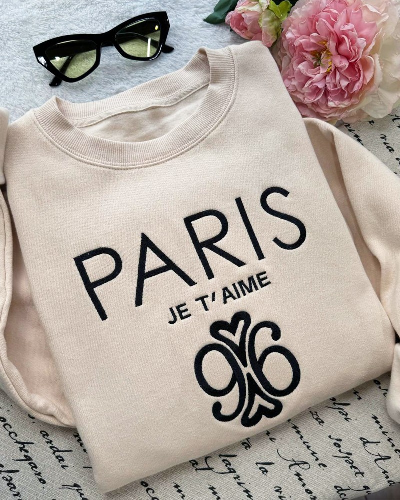 Paris Je T’aime 96 Embroidered Sweatshirt – Sand Unisex Pullover