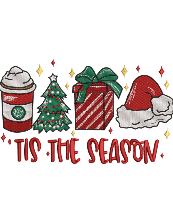 Tis The Season Holiday Embroidery Design Set – Christmas Coffee, Tree, Gift & Santa Hat – Digital File
