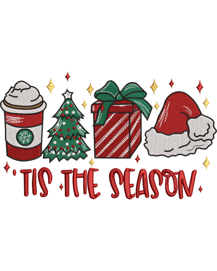 Tis The Season Holiday Embroidery Design Set – Christmas Coffee, Tree, Gift & Santa Hat – Digital File