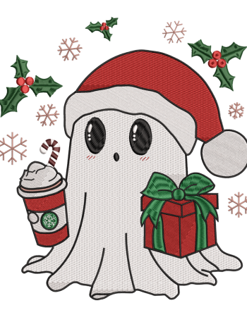 Christmas Ghost with Coffee & Gift Embroidery Design – Digital File