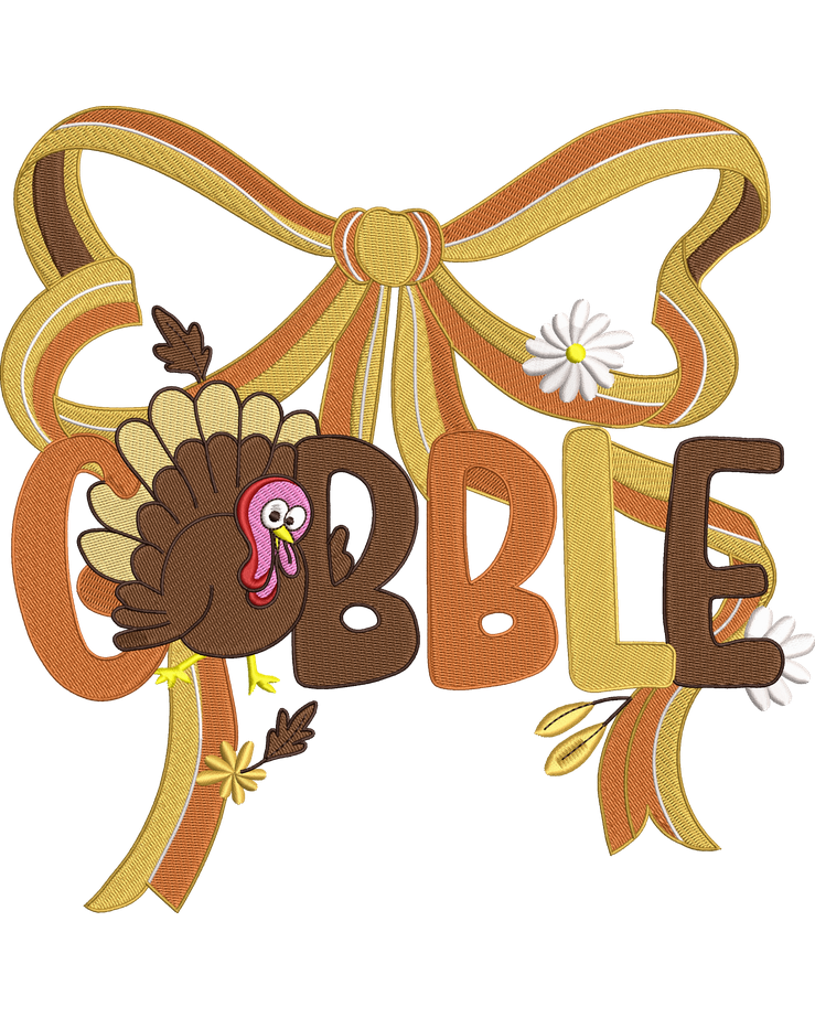 Gobble Turkey & Fall Bow Thanksgiving Embroidery Design – Digital File
